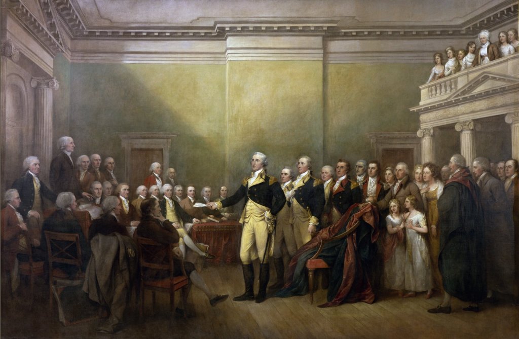 George Washington entrega su comisión militar ante el Congreso en una pintura de John Trumbull