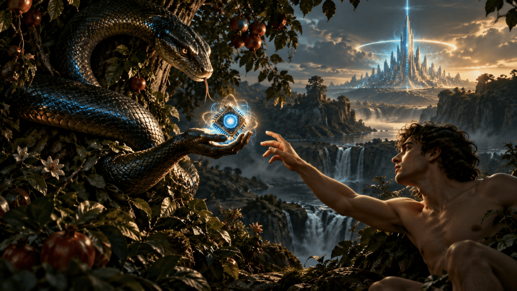 Una serpiente ofrece a un ser humano un núcleo luminoso de inteligencia artificial en un jardín semejante al Edén, con una ciudad futurista al fondo.